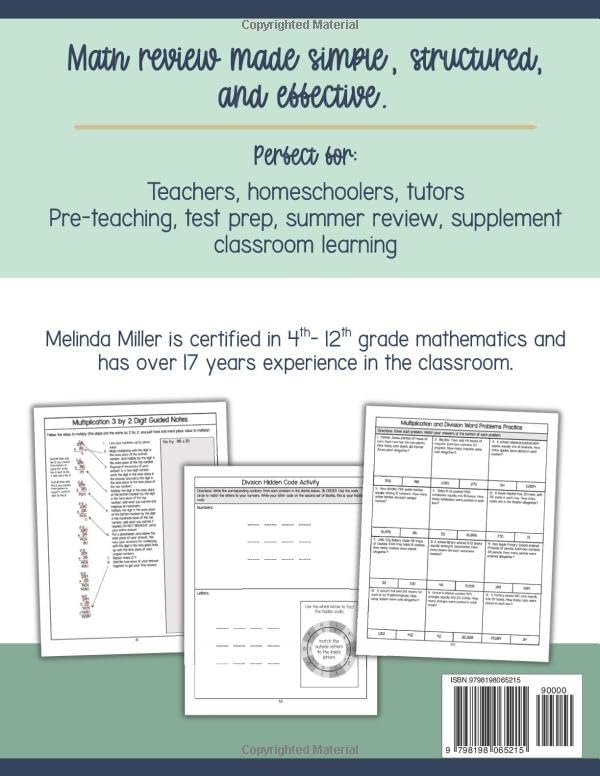 5th Grade Math Workbook: Multiplication and Division with Whole Numbers: 4-6 Grades for pre-teaching, reinforcement, or remediation by Mint for Math