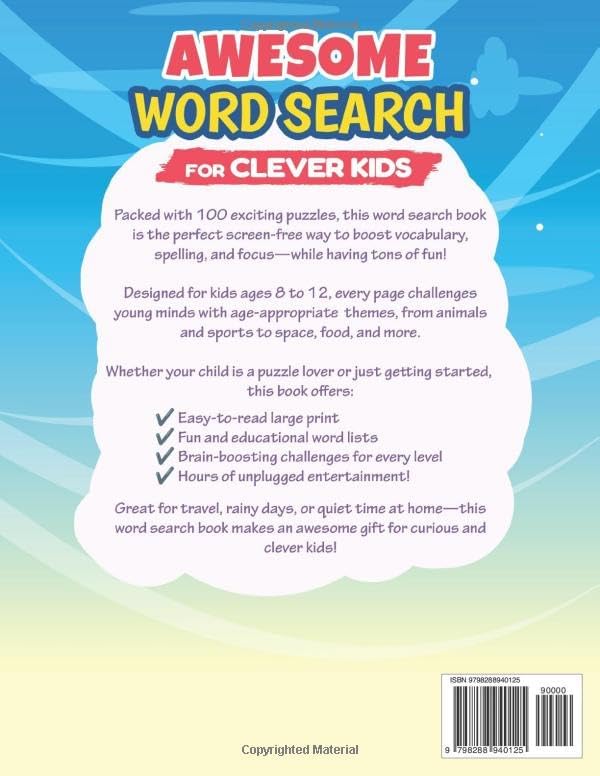 Awesome Word Search For Clever Kids Ages 8-12 - 100 Themed Puzzles: Educational Word Find Book Designed to Expand Vocabulary, Improve Concentration, Make Learning Seriously Fun (Gift For Kids) by Sontodo Publishing