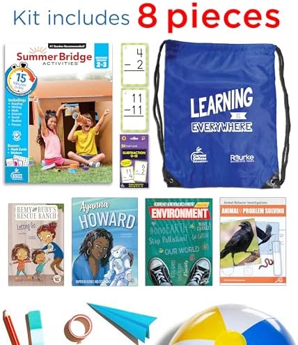 Summer Bridge Activities 2-3 Bundle, Ages 7-8, Math, Language Arts, and Science Summer Learning 3rd Grade Workbooks All Subjects, Subtraction Math Flash Cards, Children's Books, and Drawstring Bag by Rourke Educational Media