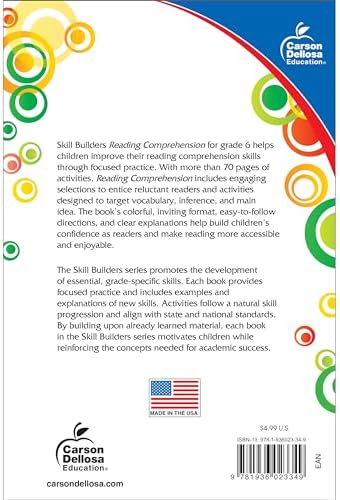 Carson Dellosa Skill Builders Reading Comprehension 6th Grade Workbook, Fiction and Nonfiction Passages, Puzzles, and More, Classroom or Homeschool Curriculum by Carson Dellosa Education