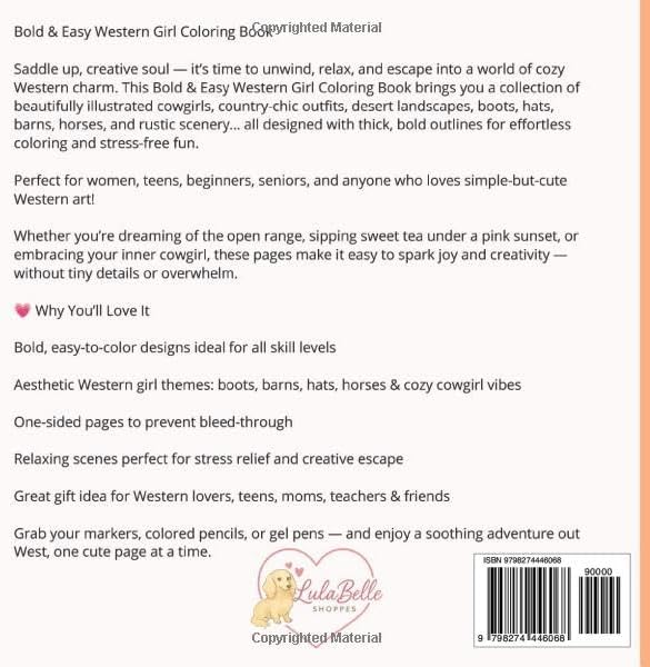 Bold & Easy Western Girl Coloring Book: Cute Cowgirl Coloring Pages for Adults, Teens & Seniors | Simple Country Western Scenes, Horses, Boots & ... (Bold & Easy Western Coloring Collection) by LulaBelle Shoppes
