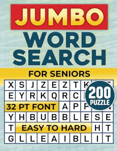 Jumbo Word Search for Seniors: 200 Easy to Hard Extra Large Print Activity Puzzle Book with Solutions (32 Pt Font Size) by Blue Words Publications