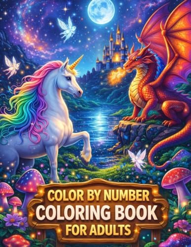 Color by Number Coloring Book for Adults: Fantasy Animals, Unicorns, Dragons & Magical Landscapes | Relaxing Stress Relief Color by Number Activity Book by BrightPalette