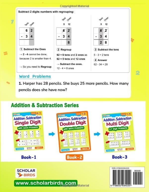 Double Digit Addition & Subtraction Math Workbook for Grades 1-2: Word Problems, With & Without Regrouping, Answer Key, Reproducible Practice Problems ... Worksheets (Master Addition & Subtraction) by ScholarBirds