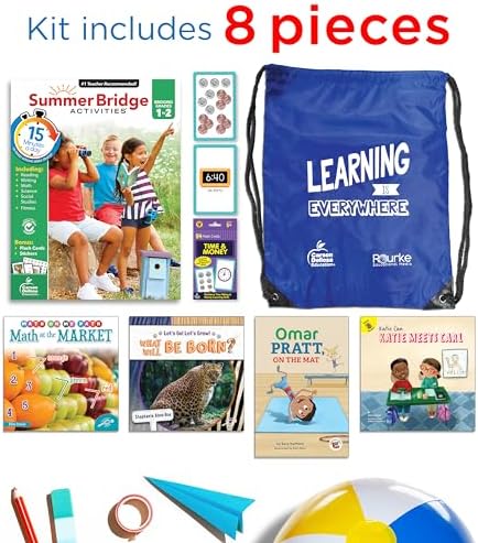 Summer Bridge Activities 1-2 Bundle, Ages 6-7, Math, Language Arts, Reading, and Science Summer Learning 2nd Grade Workbooks All Subjects, Time and Money Flash Cards, Children's Books, Drawstring Bag by Rourke Educational Media