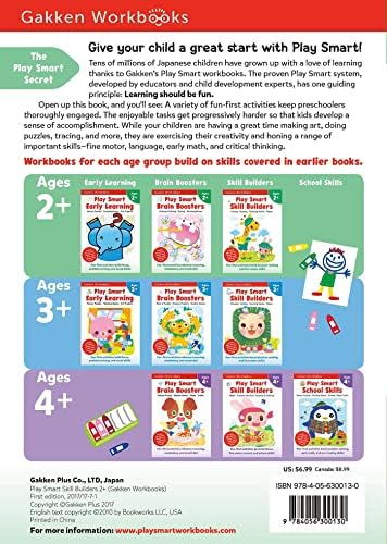 Play Smart Skill Builders Age 2+: Preschool Activity Workbook with Stickers for Toddlers Ages 2, 3, 4: Build Focus and Pen-control Skills: Tracing, Mazes, Matching Games, and More (Full Color Pages) by Gakken early childhood experts