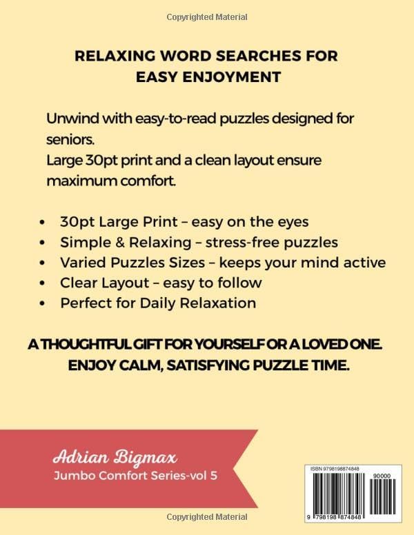 Jumbo Word Search for Seniors – Simple Joys: 30pt Large Print • Cheerful Memories & Relaxing Fun (Jumbo Comfort Series) by Adrian Bigmax