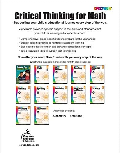 Spectrum 5th Grade Critical Thinking Math Workbooks, Ages 10 to 11, Grade 5 Critical Thinking Math, Critical Thinking, Fractions and Decimals, Algebra 1 Prep, and Place Value Workbook - 128 Pages by Spectrum
