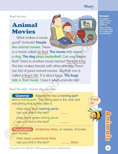 Evan-Moor Skill Sharpeners Grammar and Punctuation Workbook, Grade 1, Nouns, Verbs, Sentence Structure, Subject, Predicate, Language Handbook, Real-World Practice, Fun Activities, Homeschool, Practice by Evan-Moor Educational Publishers