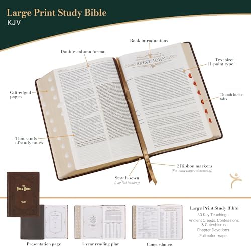 KJV Study Bible, Large Print King James Version Holy Bible, Thumb Tabs, Ribbons, Faux Leather Toffee Brown Framed Art Nouveau Debossed (KJV Study Editions LP) by Christian Art Publishers