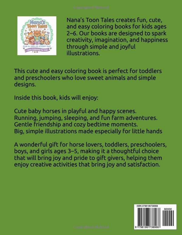 Cute Baby Horse Coloring Book: Fun & Easy Coloring Pages for Kids Ages 3–5 | 30 Big & Simple Horse Designs for Toddlers & Preschoolers by Nana's Toon Tales