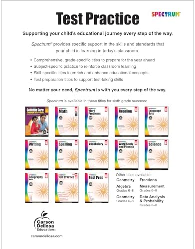 Spectrum Grade 6 Test Practice Workbooks, Ages 10 to 11, Math, Language Arts, and Reading Comprehension 6th Grade Test Practice, Reproducible Book, Vocabulary, Writing, and Math Practice - 160 Pages by Spectrum