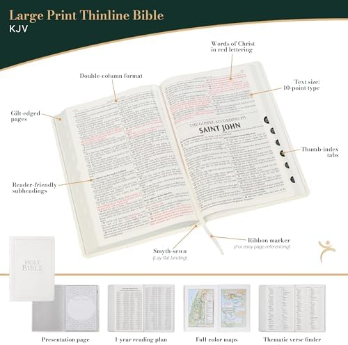 KJV Holy Bible, Thinline Large Print Faux Leather Red Letter Edition Thumb Index & Ribbon Marker, King James Version, White (KJV Thinline LP Editions) by Christian Art Publishers