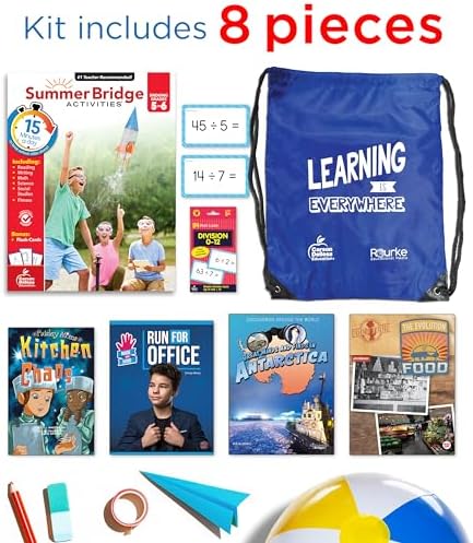 Summer Bridge Activities 5-6 Bundle, Ages 10-11, Math, Language Arts, and Science Summer Learning 6th Grade Workbooks All Subjects, Division Math Flash Cards, Children's Books, and Drawstring Bag by Rourke Educational Media