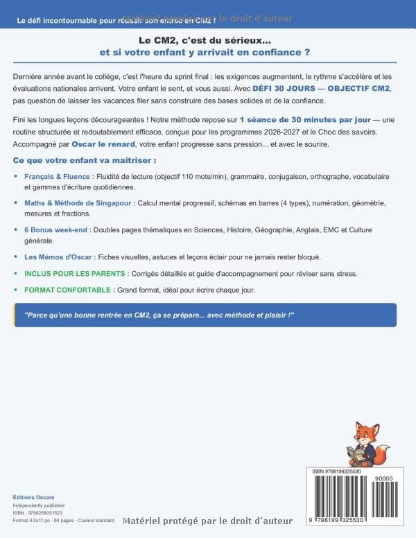 Cahier de Vacances CM1 vers CM2: 30 Jours pour Réussir son Entrée au CM2 : Français, Maths, Méthode Singapour : Conforme aux nouveaux programmes ... de vacances, scolaires) (French Edition) by Editions Oscars