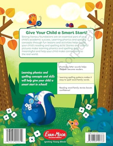Evan-Moor’s Smart Start Phonics and Spelling Workbook for Kindergarten, Beginning Reading, Spelling patterns, Learn to Read, Homeschool, Word families, Stickers, Print Copy, Audio stories by Evan-Moor Educational Publishers