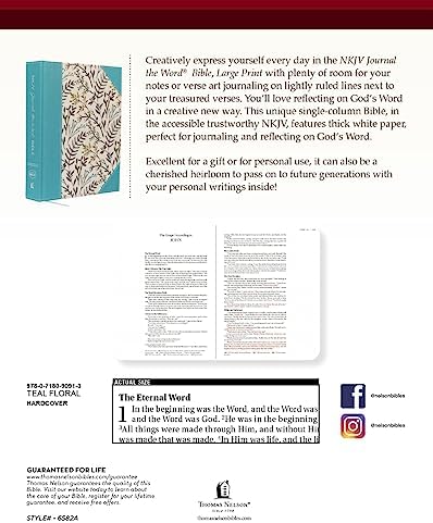 NKJV, Journal the Word Bible, Large Print, Cloth over Board, Blue Floral, Red Letter: Reflect, Journal, or Create Art Next to Your Favorite Verses by Thomas Nelson