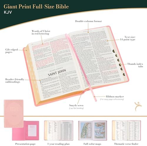KJV Holy Bible, Giant Print Full-size Faux Leather Red Letter Edition - Thumb Index & Ribbon Marker, King James Version, Pink (KJV Full Size GP Editions) by Christian Art Publishers