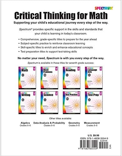 Spectrum Grade 7 Critical Thinking for Math Workbook, Mathematics Middle School Books Covering Algebra, Geometry, Ratio, Statistics, Integers, and More, Classroom or Homeschool Curriculum (Volume 49) by Spectrum