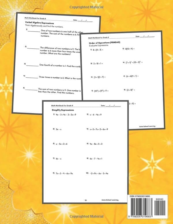 Summer Math Workbook Grade 8, With Equations One Side, Two Sides, Inequalities, Verbal Algebra, Linear Equations, Functions, Percentage, and Geometry ... Answers, Ages 13-14 (Summer Math Workbooks) by Anna School Learning
