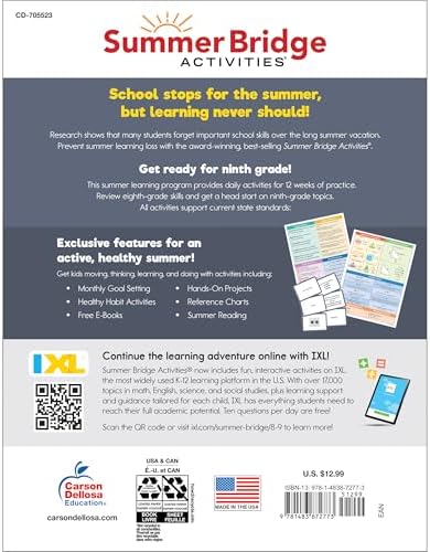 Summer Bridge Activities 8th to 9th Grade Workbooks All Subjects, Middle School Books With Math, Language Arts, Reading Comprehension, Science, Social Studies, Fitness, Flash Cards, and More by Summer Bridge Activities