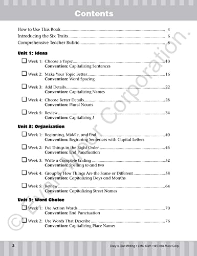 Evan-Moor Daily 6-Trait Writing, Grade 1, Homeschool and Classroom Resource Workbook, Reproducible Worksheets, Teaching Edition, Lesson Plans, Ideas, Organization, Word Choice, Sentence Fluency, Voice by Evan-Moor Educational Publishers