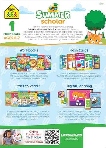 School Zone First Grade Summer Scholar Workbook: 80 Pages, 1st Grade, Reading Comprehension, Phonics, Addition, Subtraction, Time, Money, Science, Social Studies, Ages 6 to 7 by School Zone