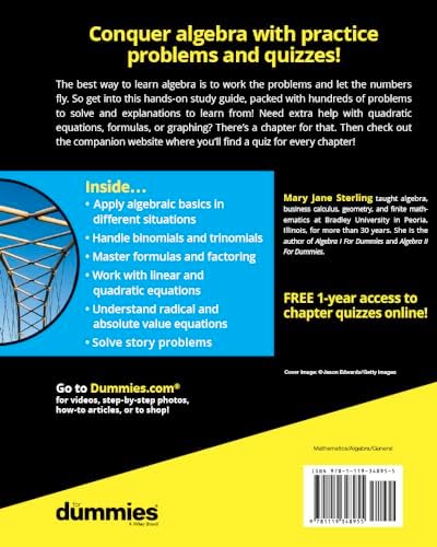 Algebra I Workbook For Dummies by Mary Jane Sterling