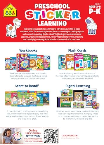 School Zone Preschool Sticker Learning Workbook: 64 Pages, Pre-K, Kindergarten, 324 Stickers, Shapes, Patterns, Alphabetical Order, ABC's, Numbers, Letters, Ages 3-5 (Stuck on Learning! Book Series) by School Zone