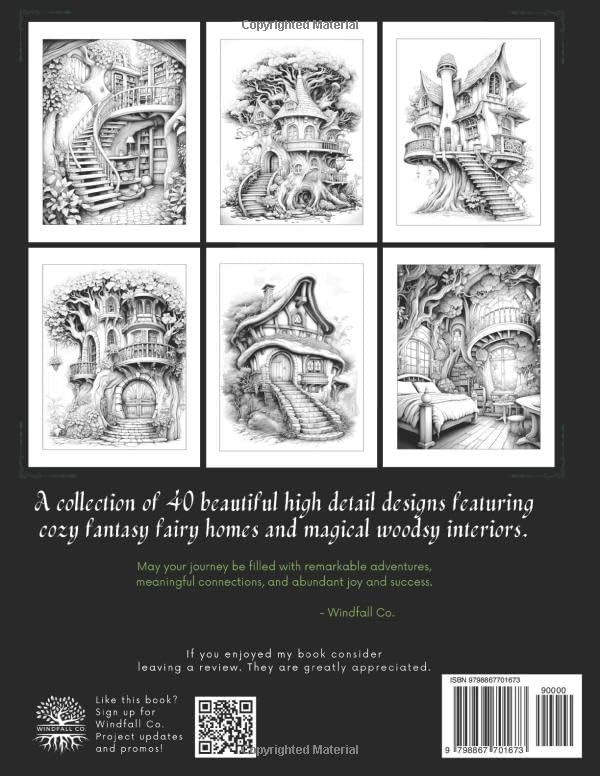 Cozy Fantasy Fairy Homes Adult Coloring Book: 40 Image Designs for Coloring to Relax Your Mind | Featuring Cozy Cottages and Magical Fantasy Interiors | Great for Adults, Teens and Seniors | Grayscale by Windfall Co.