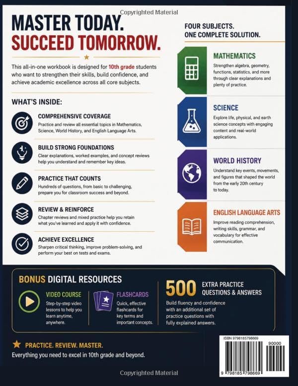 10th Grade All Subjects Workbook: Comprehensive Math, Science, World History & English Language Arts Practice & Review with 1,000+ Practice Questions, ... Answers (Leap Higher Learning Series) by Elmwell Publishing