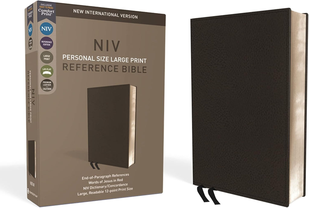 NIV, Personal Size Reference Bible, Large Print, Premium Leather, Calfskin, Black, Red Letter, Comfort Print by Zondervan