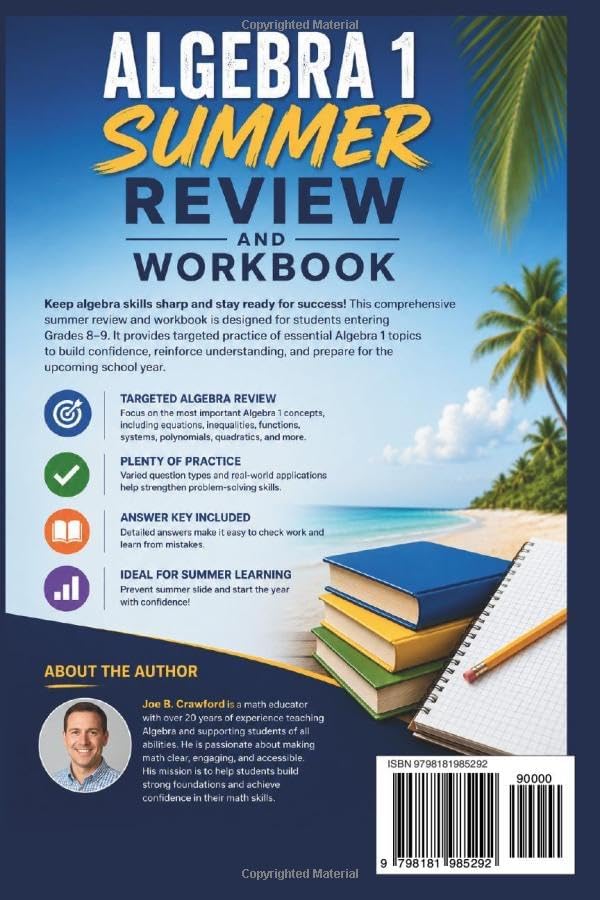 Algebra 1 Summer Review and Workbook: Targeted Algebra Review, Answer Key Included, Grades 8-9 by Joe B. Crawford