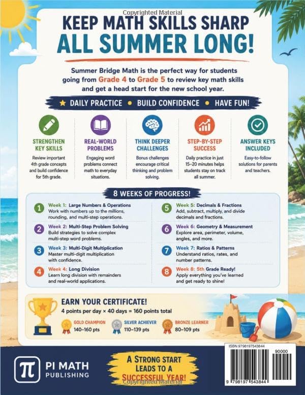 Summer Bridge Math Grade 4 to Grade 5: 8 Weeks of Daily Practice to Prevent Summer Slide | Large Numbers, Multiplication, Long Division, Decimals, ... | With Answer Keys (PI MATH Summer Bridge) by PI MATH Publishing