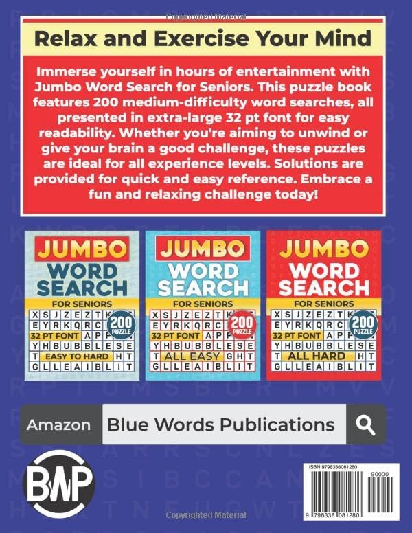 Jumbo Word Search for Seniors: 200 Medium-Difficulty Word Search Puzzles in Extra Large Print (32 Pt Font Size) by Blue Words Publications