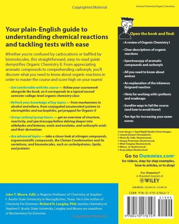 Organic Chemistry II For Dummies (For Dummies Series) by John T. T. Moore