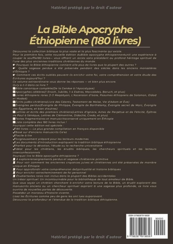 La Bible Éthiopienne Complète En Français: 180 Livres Sacrés Et Cachés, Dont Des Écritures Perdues, Des Évangiles Anciens, Des Apocryphes Et Des Écrits De l'Église Primitive (French Edition) by Anonymous