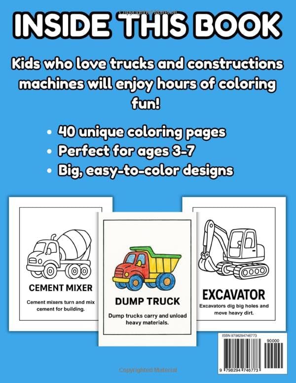 Construction Vehicles Coloring Book for Kids – Big Trucks, Diggers, Cranes and More ages 3-7!: Fun and easy coloring pages for children! by Alice Marine