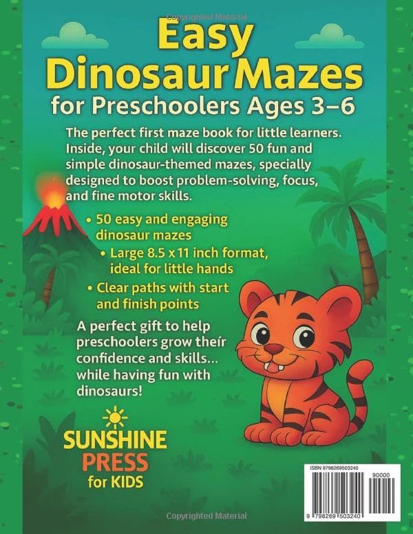 Easy Dinosaur Mazes for Preschoolers: Fun and Simple Maze Puzzles for Kids Ages 3–6: 70 cute dinosaur mazes (with solutions) + 10 prehistoric coloring pages (Easy Dinosaur Mazes Collection) by Sunshine Press for Kids