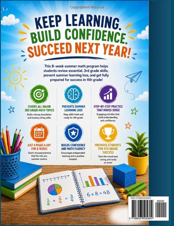 Grade 3 to 4 Math Summer Bridge: Build Confidence, Prevent Summer Learning Loss, and Get Ready for 4th Grade Math by Reza Nazari