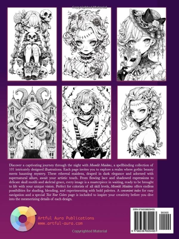 MOONLIT MAIDENS: Fantasy Adult Coloring Book – 101 Grayscale Anime Manga Illustrations for Gothic Art Lovers and Halloween Fans to Enjoy Relaxation ... Teenagers with Gothic Inspired Large Prints) by Artful Aura Publications