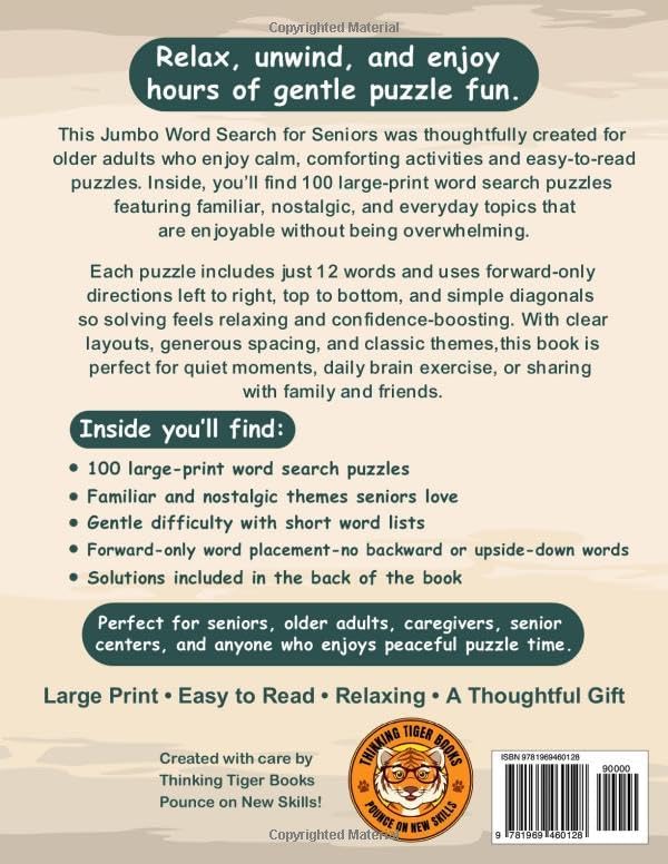 Easy Jumbo Word Search for Seniors: Extra Large Print Word Puzzles for Relaxation, Comfort and Gentle Mental Stimulation (Thinking Tiger Books for Seniors) by Joanne McGonagle