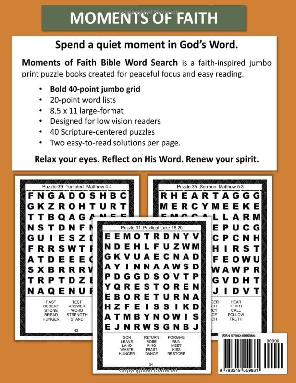 Moments of Faith Jumbo Bible Word Search Extra Large Print Puzzles For Teens, Seniors, Adults and Elders: Jumbo Super Large Print Christian Word ... Readers – Extra Large 40-Point Bold Font Size by GREENEMINT BOOKS
