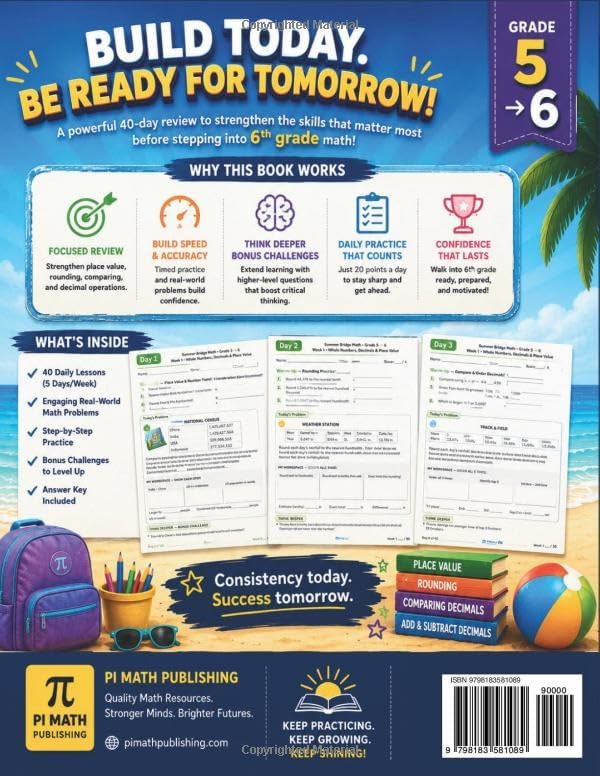 Summer Bridge Math Grade 5 to Grade 6: 8 Weeks of Daily Practice to Stop the Summer Slide — Decimals, Fractions, Ratios, Percents, Geometry & Negative ... (With Answer Keys) (PI MATH Summer Bridge) by PI MATH Publishing