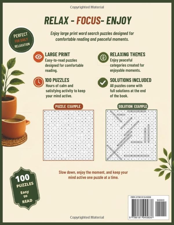 Easy Large Print Word Search for Seniors: 100 Easy-to-Read Word Search Puzzles with Relaxing Themes . Positive Words, Nature, Daily Life, Hobbies and ... Included. Relax, Focus & Enjoy Every Day by FABIANA RENACER