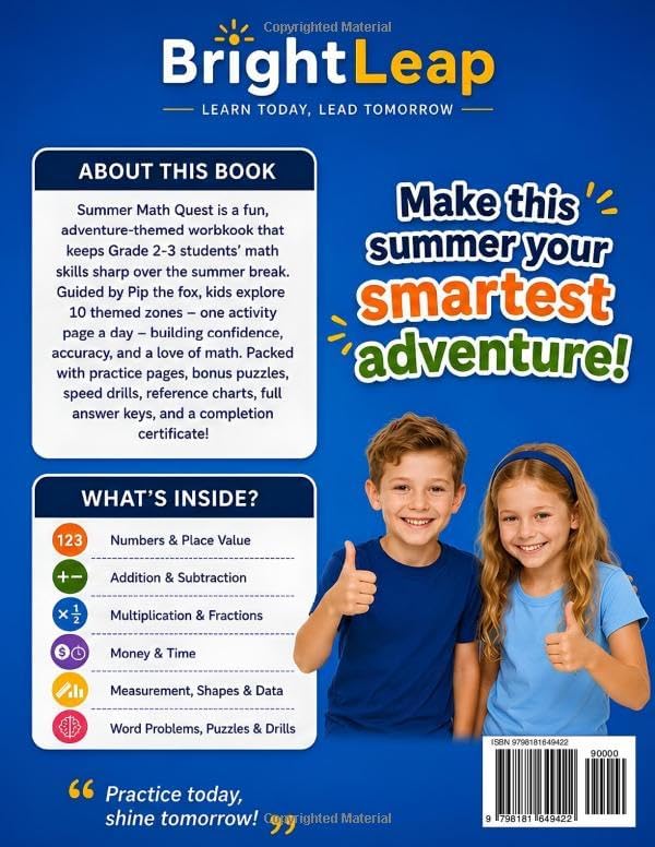 Summer Math Quest for Grade 2-3: Adventure Workbook: 40 Days of Math Practice with Addition, Subtraction, Place Value, Money, Time, Measurement, ... Bonus Puzzles, Drills, Flashcards, and Answer by BrighLeap Publications
