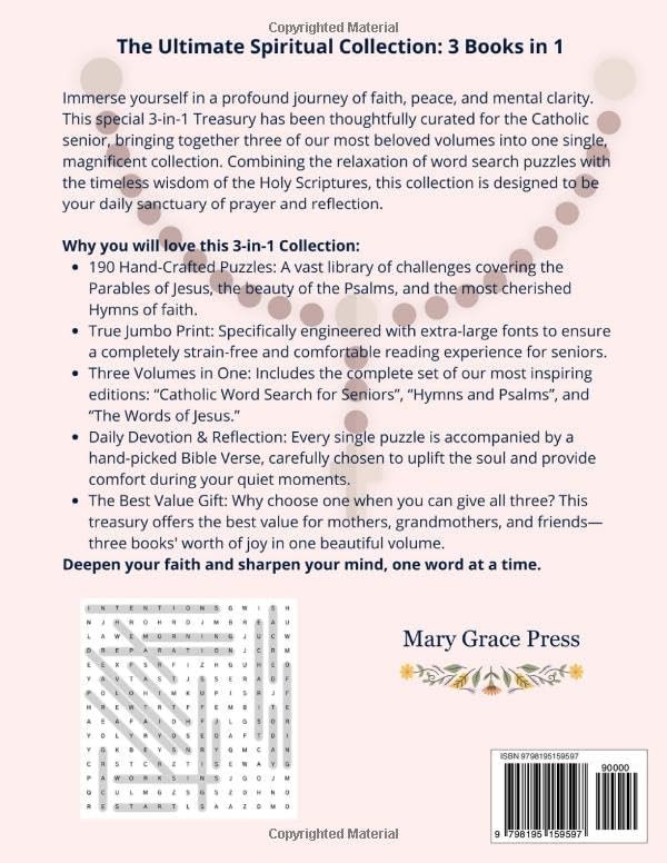 Catholic Word Search Treasury: 3 Books in 1: 190 Large Print Puzzles for Seniors with Bible Verses - Classic Catholic, Jesus, Psalms & Hymns (Catholic Word Search - Mary Grace Press) by Mary Grace Press