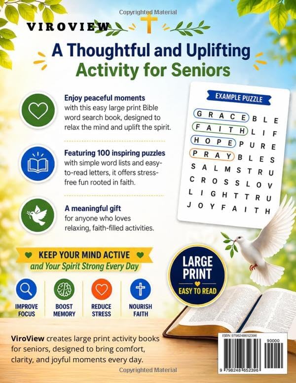 Extra Easy Large Print Bible Word Search for Seniors: Designed for Gentle Memory Support: Bible Stories, Faith, Prayer & Inspirational Themes 100 ... with Solutions (Brain Games Activities) by Viro View