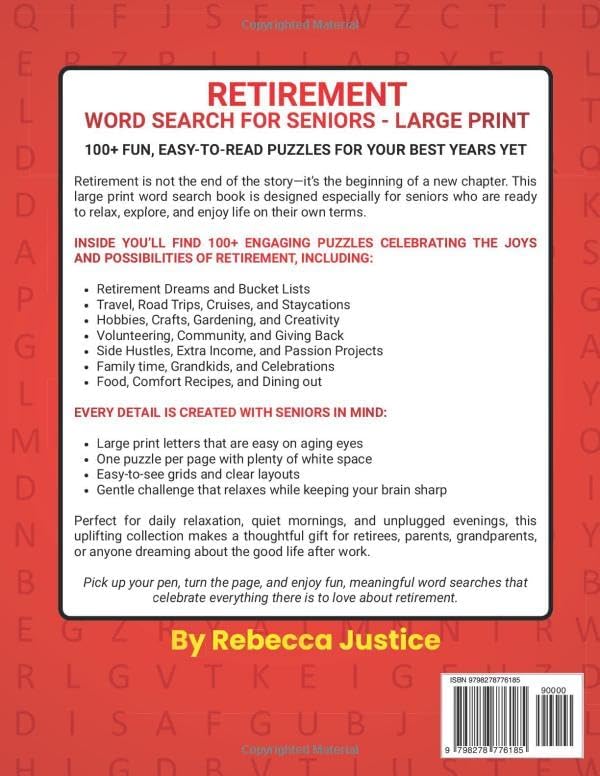 RETIREMENT WORD SEARCH FOR SENIORS LARGE PRINT: 100+ BIG EASY-TO-READ PUZZLES WITH SOLUTIONS 1850+ WORDS (WORD SEARCH LARGE PRINT) by REBECCA JUSTICE