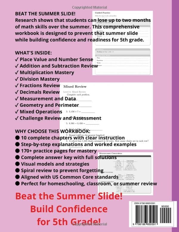 Summer Math Workbook Grade 4 → 5: Bridge from 4th Grade to 5th Grade with Daily Review, Real-World Word Problems, Spiral Practice, Visual Models, ... for Summer Learning and Homeschool Success by RACHID OUSALEM
